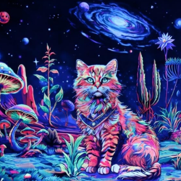 XL Psychedelic Space Kitty Shrooms Galaxy Blacklight Wall Tapestry Cat Lady Gift - Picture 7 of 14